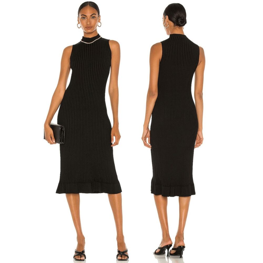 Theory Flared Rib Knit Midi Dress Sleeveless Ruffle Hem Mock Neck Party Formal L